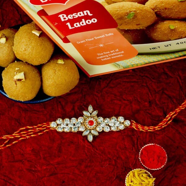 Kundan Floral Rakhi and Besan Laddoo