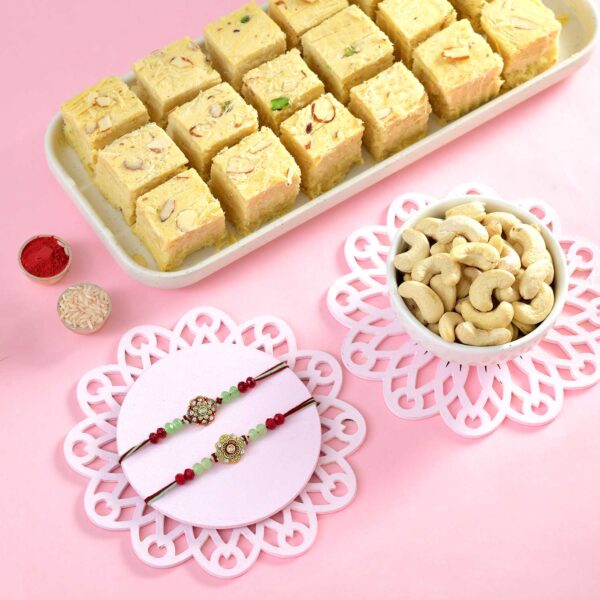 Set of 2 Rakhi With Soan Papdi & Cashew Nut