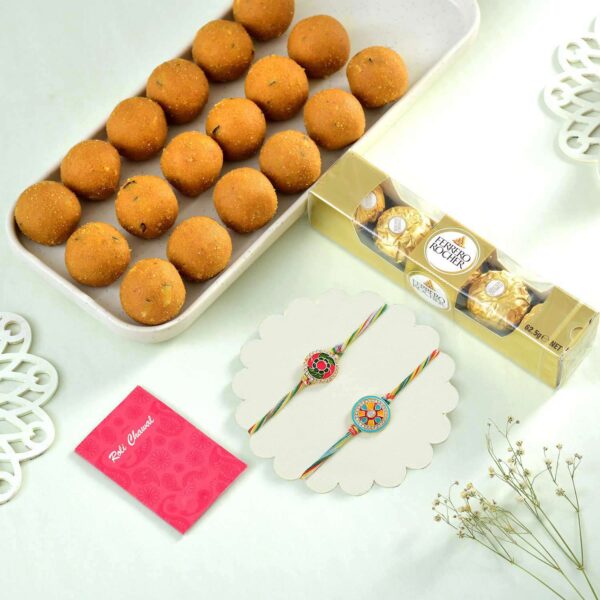 Two Rakhi Set With Besan Laddoo & Rocher