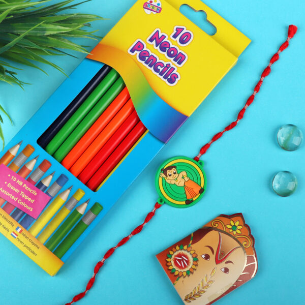 Chota Bheem Kids Rakhi with 10 Colouring Pencil - For UK