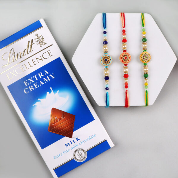 Set of 3 Colourful Rakhi with Lindt - For UK