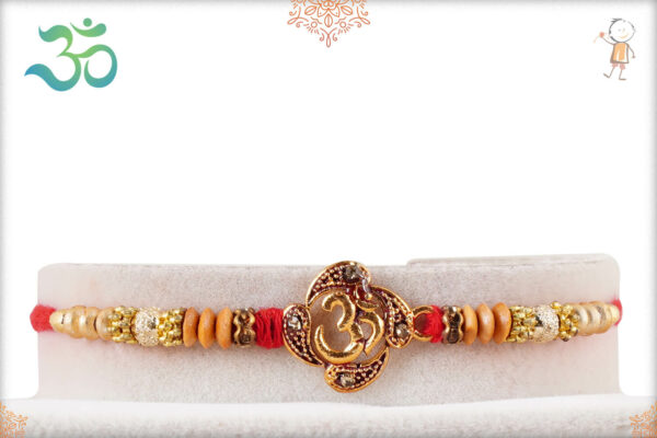 Designer Golden OM Rakhi with Sandalwood Beads