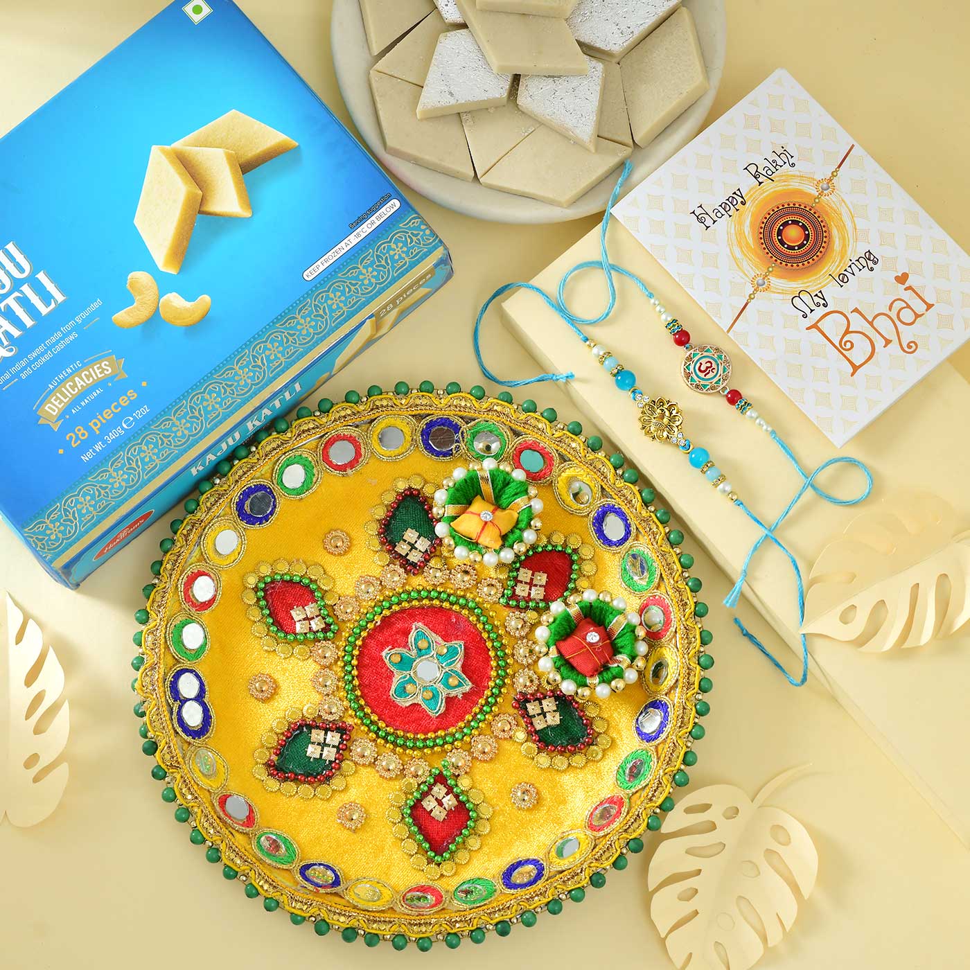 Elegant Rakhi Thali with Kaju Katli Send Rakhi To USA