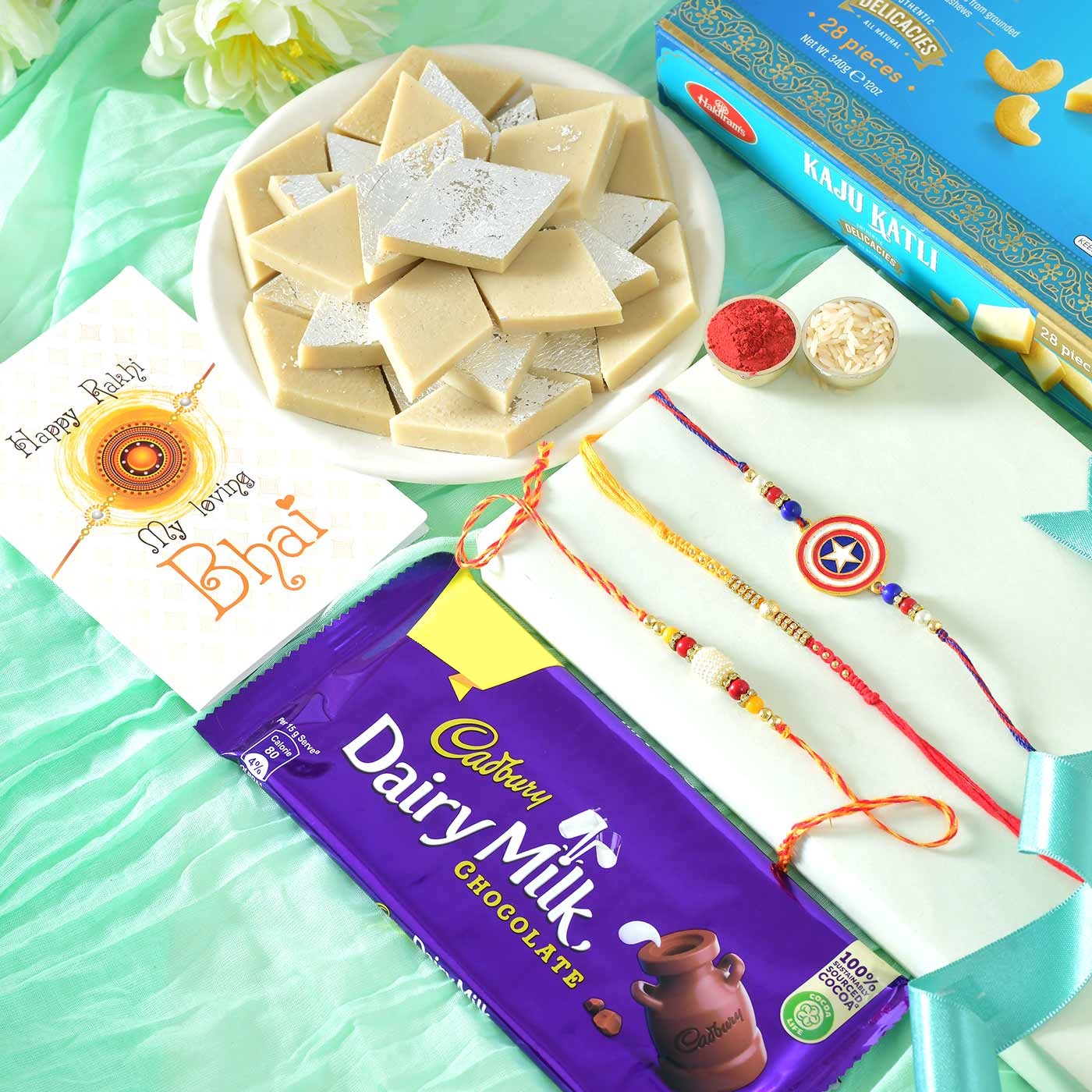 Rakhi Pair and Kids Rakhi and Cadbury with Kaju Katli Send Rakhi To USA