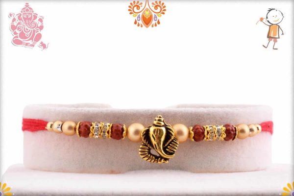 Antique Ganpati Rakhi with Golden Beads and Diamonds | Send Rakhi Gifts Online