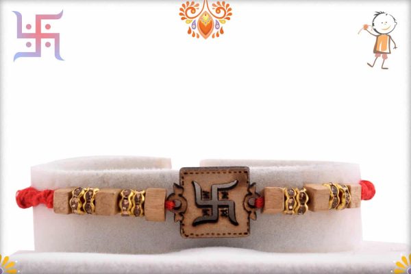 Wood Engraved Swastik Rakhi with Diamonds | Send Rakhi Gifts Online