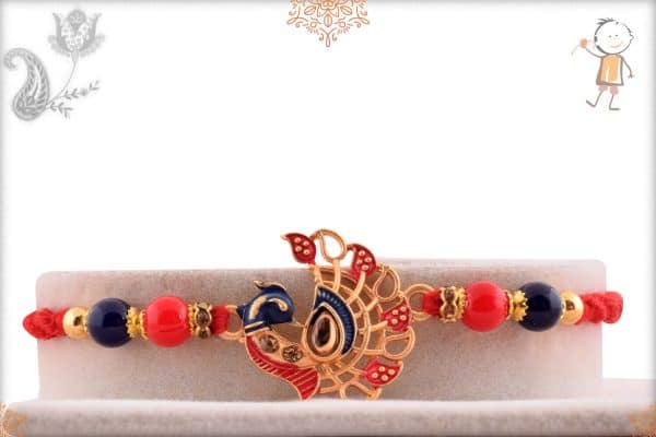 Peacock Rakhi with Red-Blue Beads