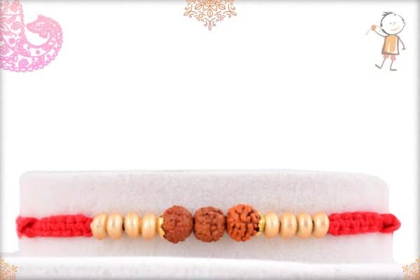 Uniquely Knotted Three Rudraksh Rakhi with Golden Beads