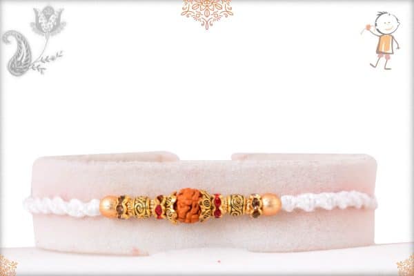 Elegant Rudraksh White Thread Rakhi with Golden Beads