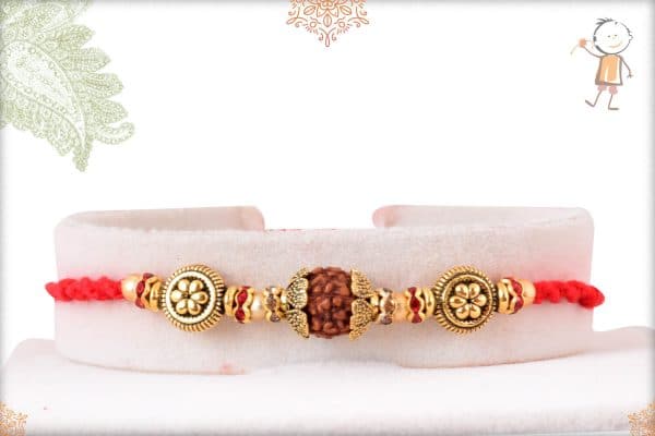 Designer Golden Beads with Rudraksh and Diamond Rakhi