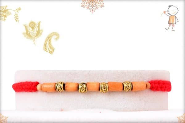 Delicate Sandalwood Beads Rakhi with Designer Golden Beads
