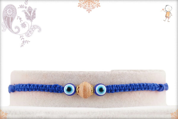 Stylish Sandalwood Rakhi with Evil Eye and Blue Handcrafted Thread
